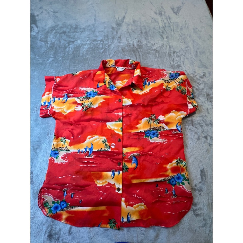 Vintage Made in Hawaii Shirt Mens 2XL Red Tropical Sunset Palm Tree Aloha Camp